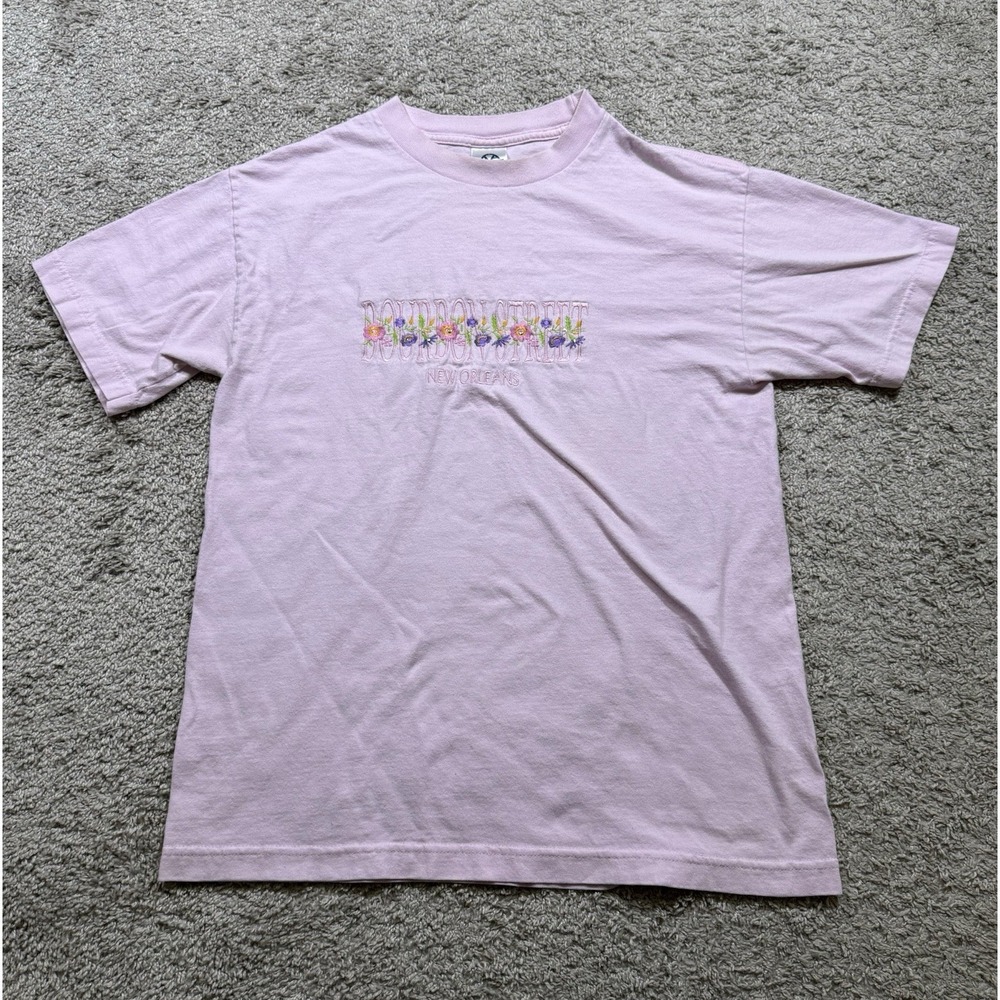 New Orleans Bourbon‎ Street Pink Shirt Embroidered Floral Spellout Mardi Gras M